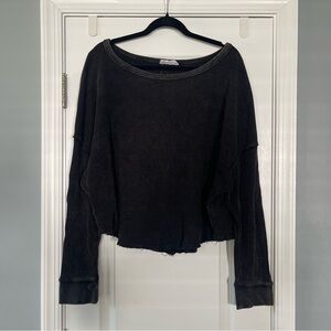 Double Zero Cropped Thermal Waffle Knit Top L Washed Black 100% Cotton